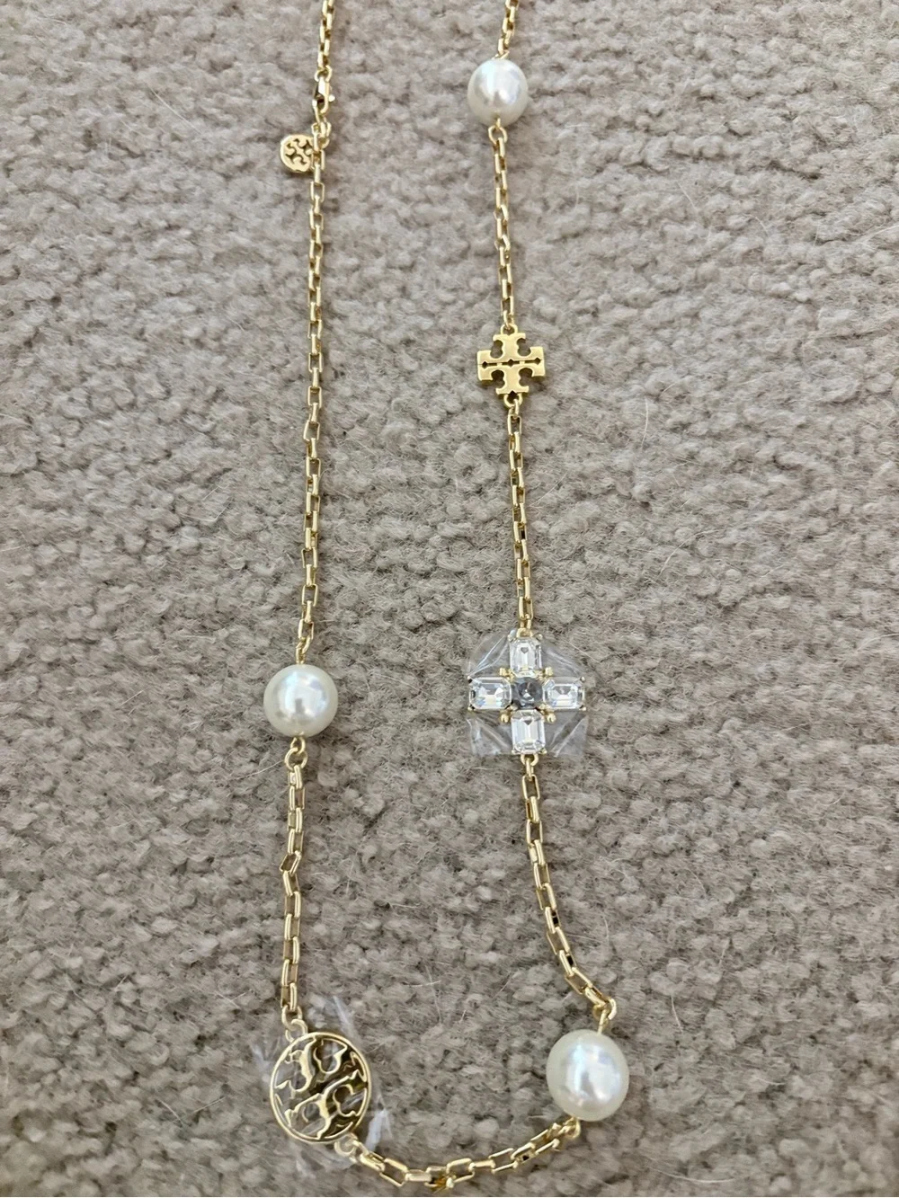 Tory Burch Gold-Tone Necklace with White Pearls and Crystal Motifs